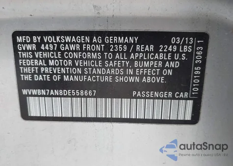 2013 Volkswagen Cc 2.0T R-Line из США, поврежденный, VIN WVWBN7AN8DE558667